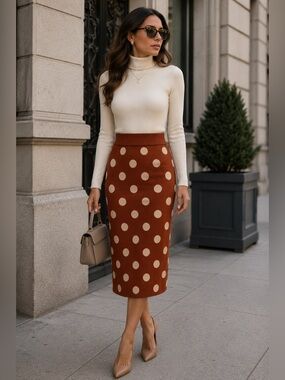 Rust Brown & Cream Polka Dot Knit Midi Skirt